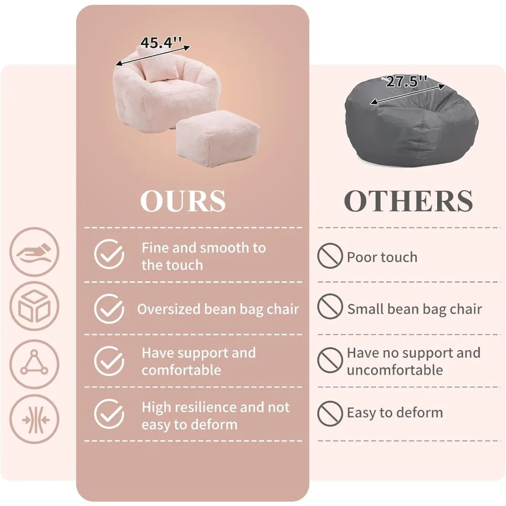 Bean Bag Chair for Adults, Faux Fur Upholstered Beanbag Chair with Shell-Shaped Design, Bean Bag Sofa with Pillow and Footrest