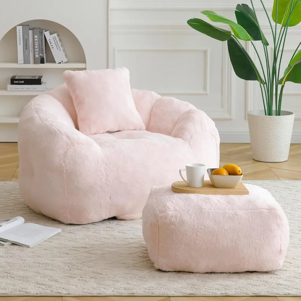 Bean Bag Chair for Adults, Faux Fur Upholstered Beanbag Chair with Shell-Shaped Design, Bean Bag Sofa with Pillow and Footrest